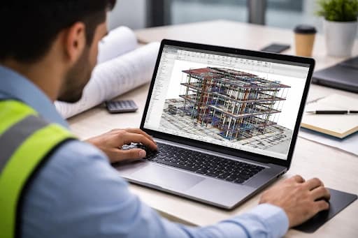 BIM engineer working on a laptop with a 3D model.