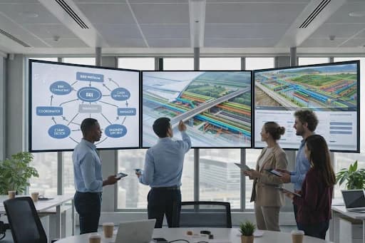 Civil engineering team reviewing BIM workflow and infrastructure model on digital screens.
