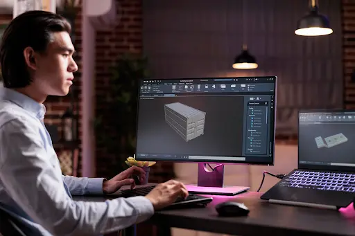 A Civil engineer working on a 3d model on multiple screens.
