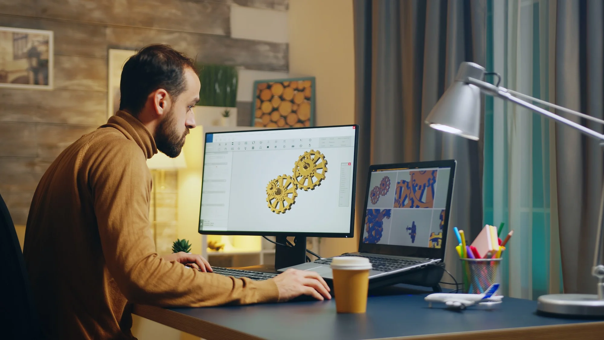 Architect in home office working on a 3d model.