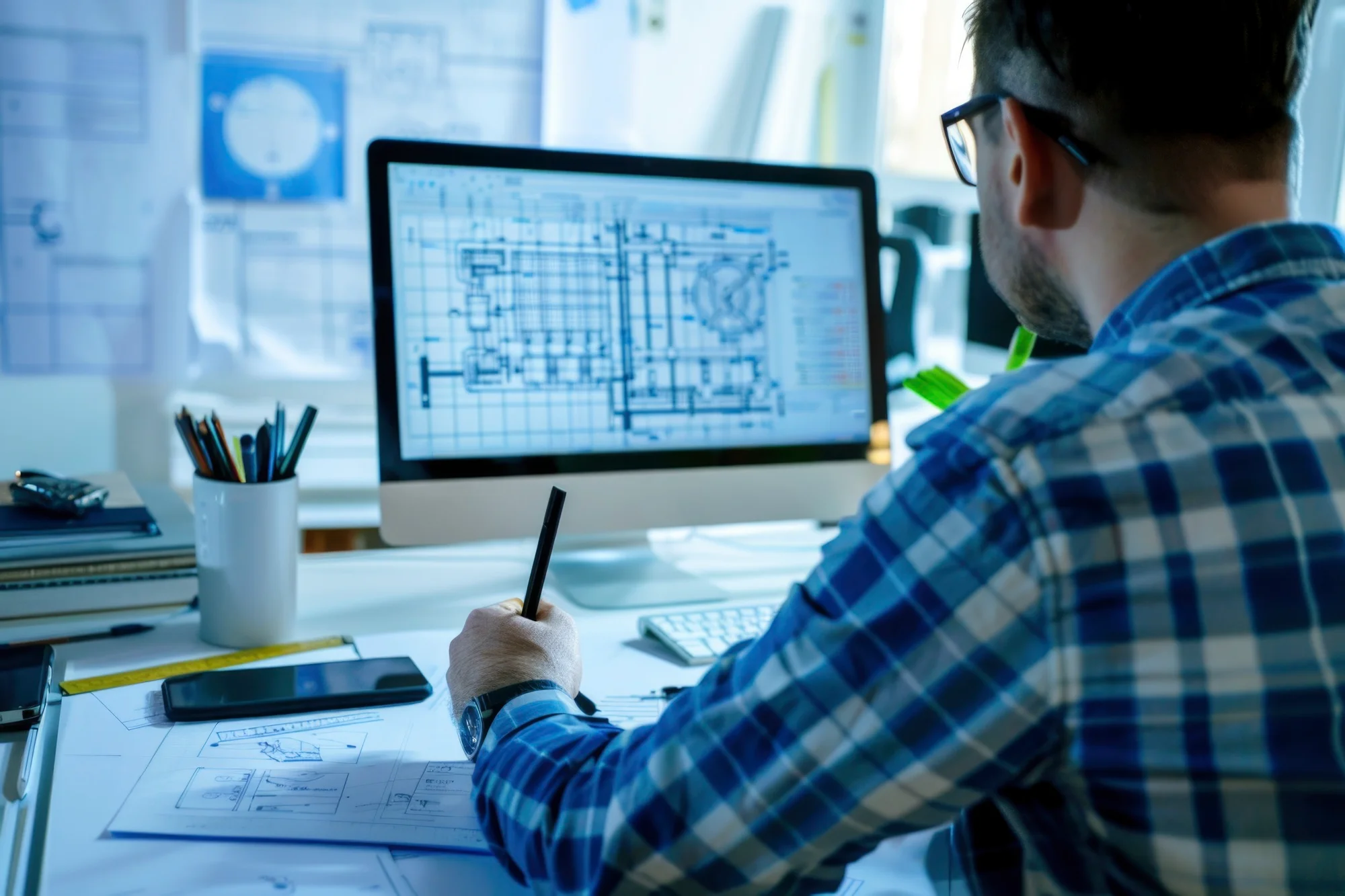 Engineer working on a detailed blueprint.