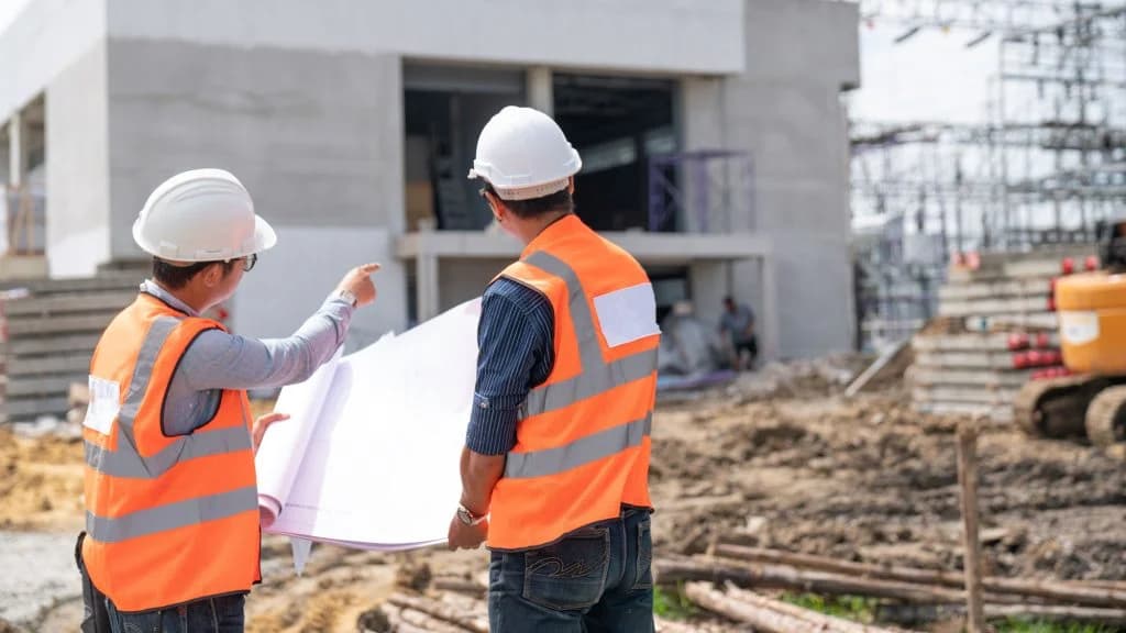 Civil engineers analysing construction progress on site.