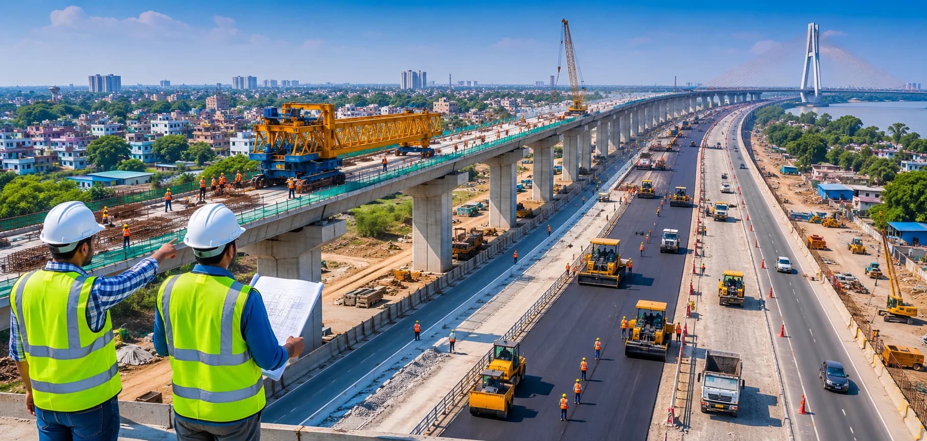 An active road and bridge construction project with engineers inspecting progress