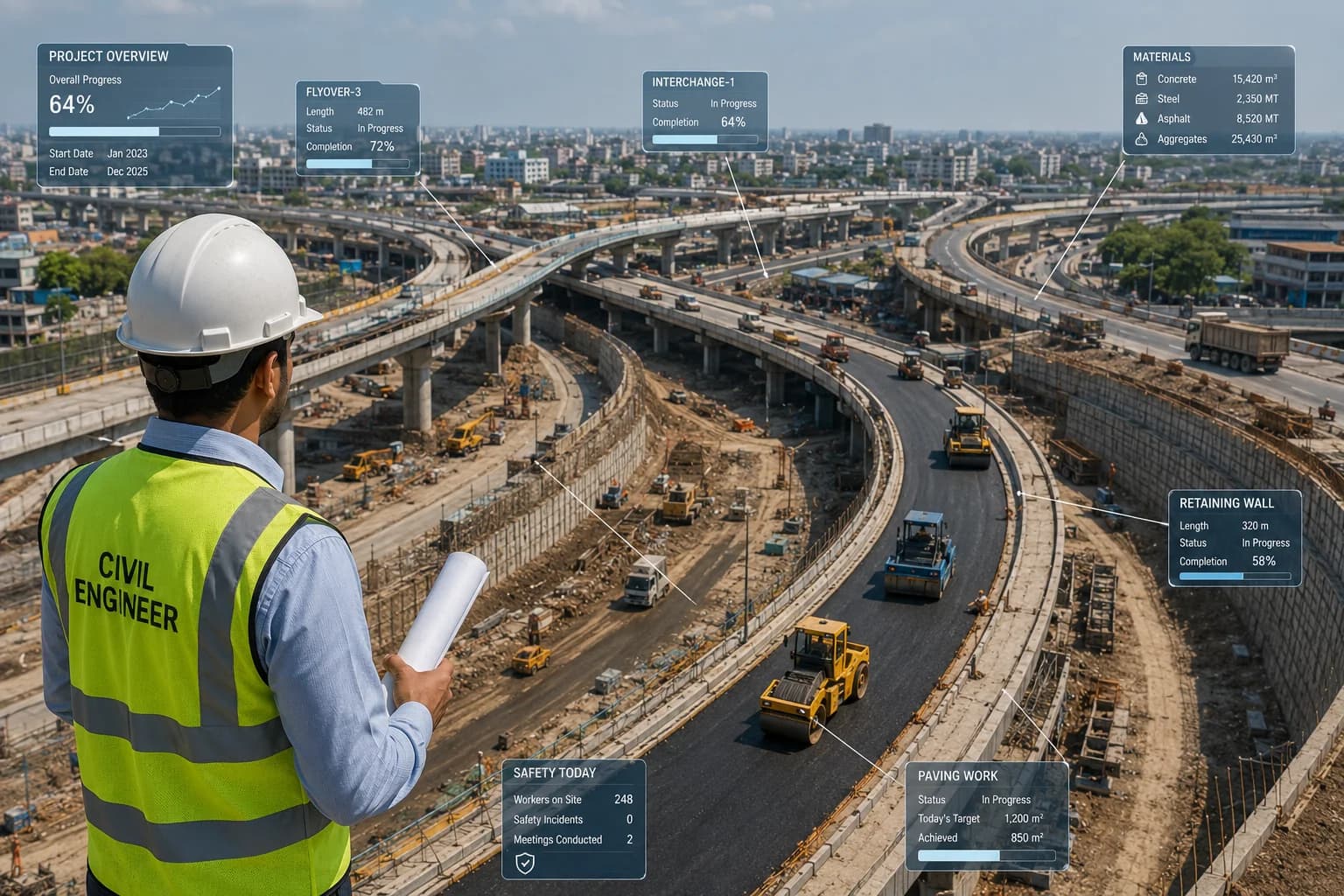 A civil engineer overlooking a major highway interchange construction.