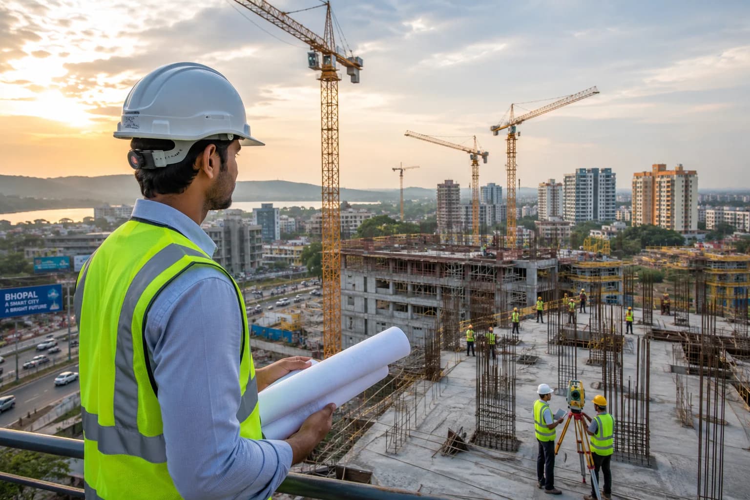 Civil engineer inspecting a large infrastructure and metro construction project.