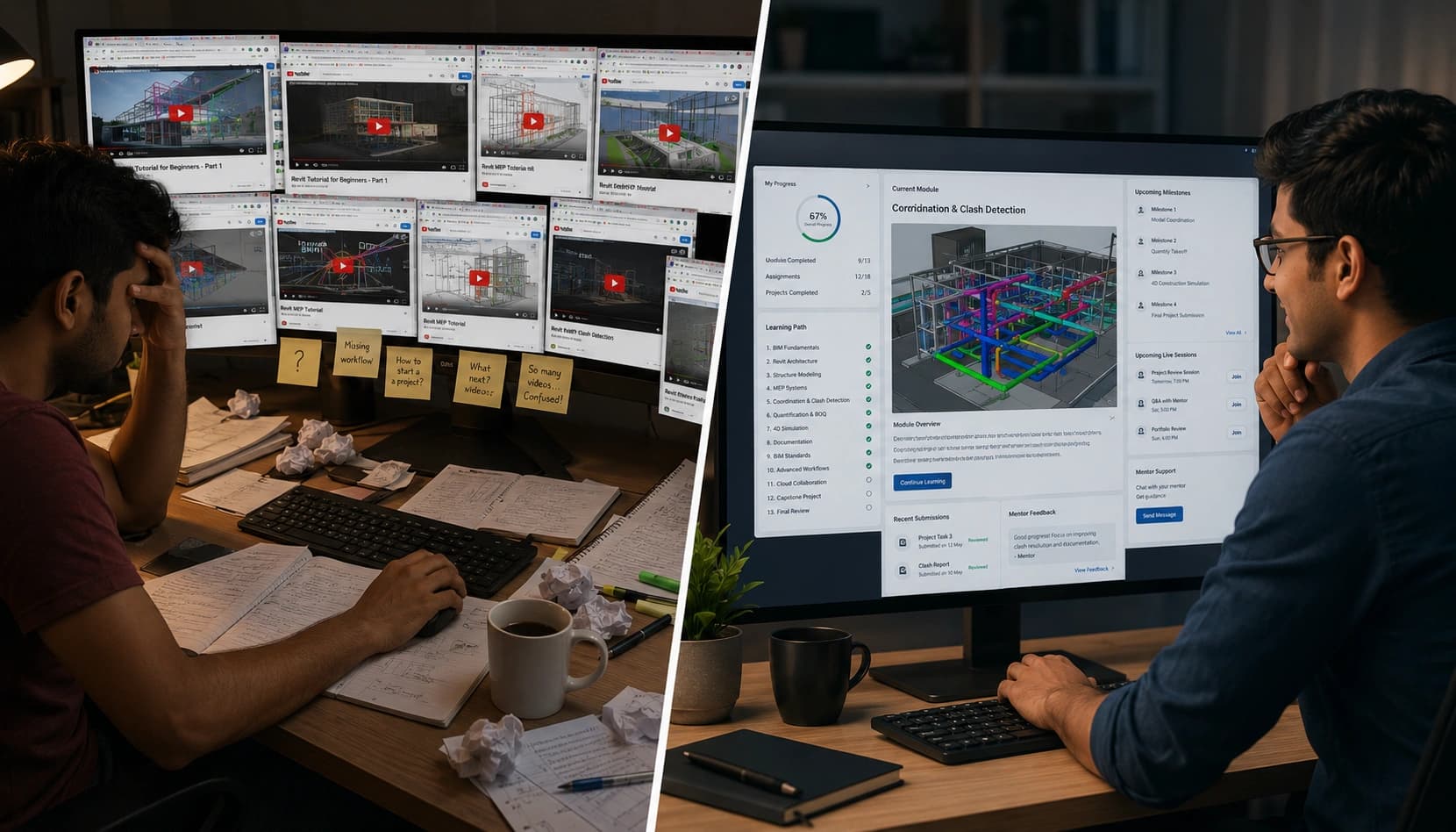 Engineering student comparing unstructured video tutorials with structured online BIM learning.