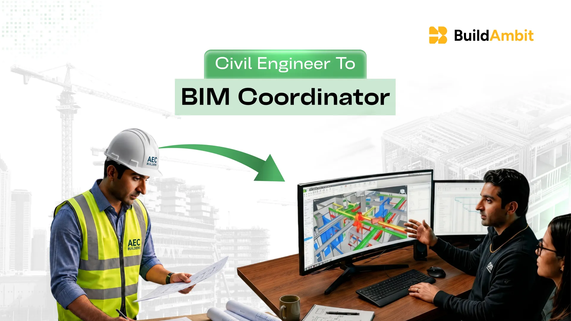 Engineer reviewing BIM model on desktop.