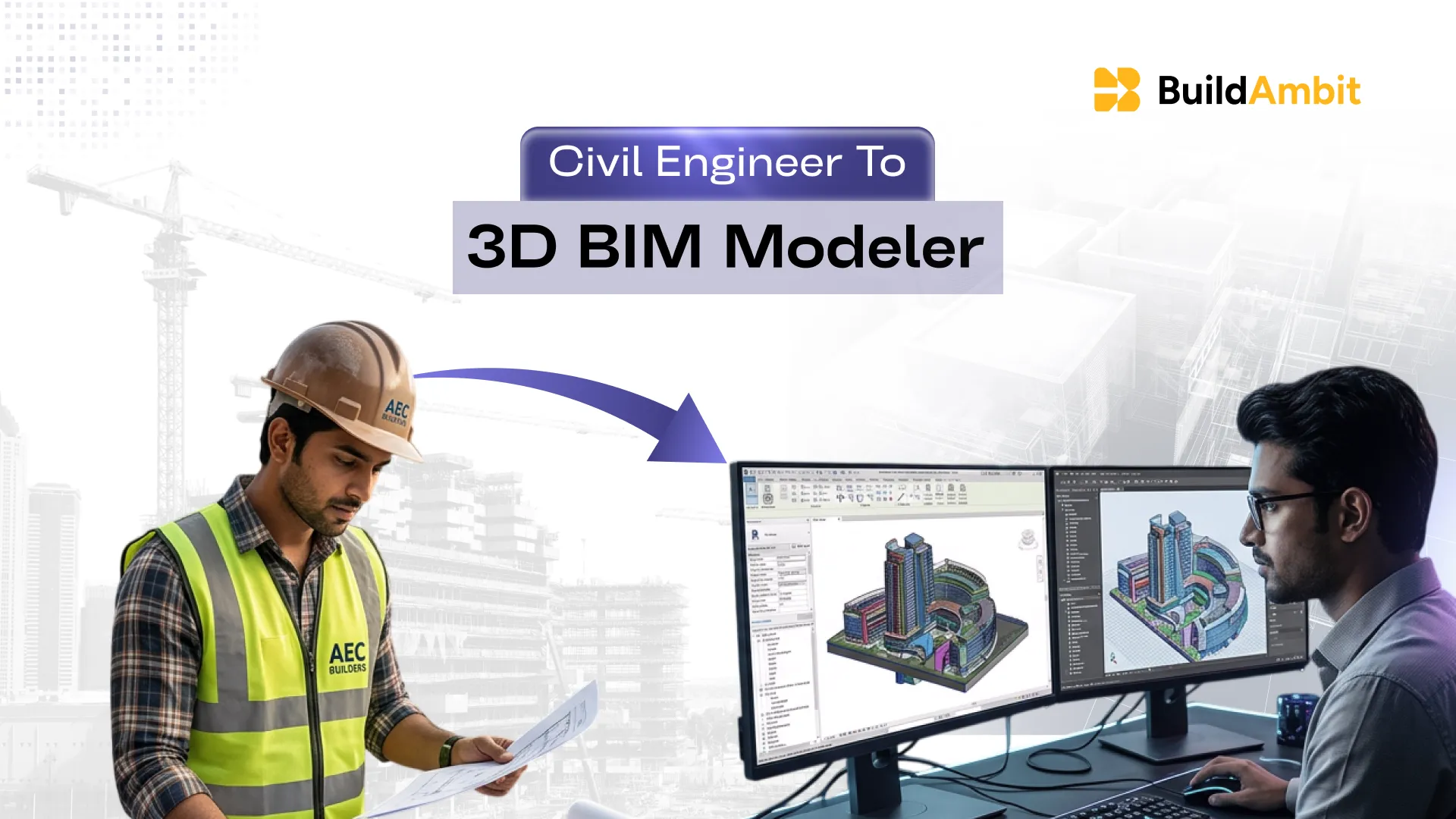 A Civil engineer working on a 3d model on multiple screens.