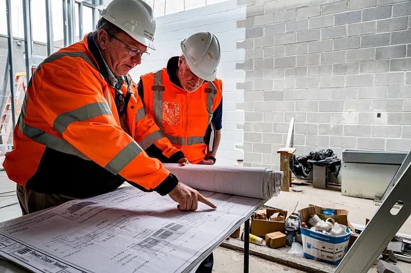 Two construction professionals reviewing technical blueprints on a building site.