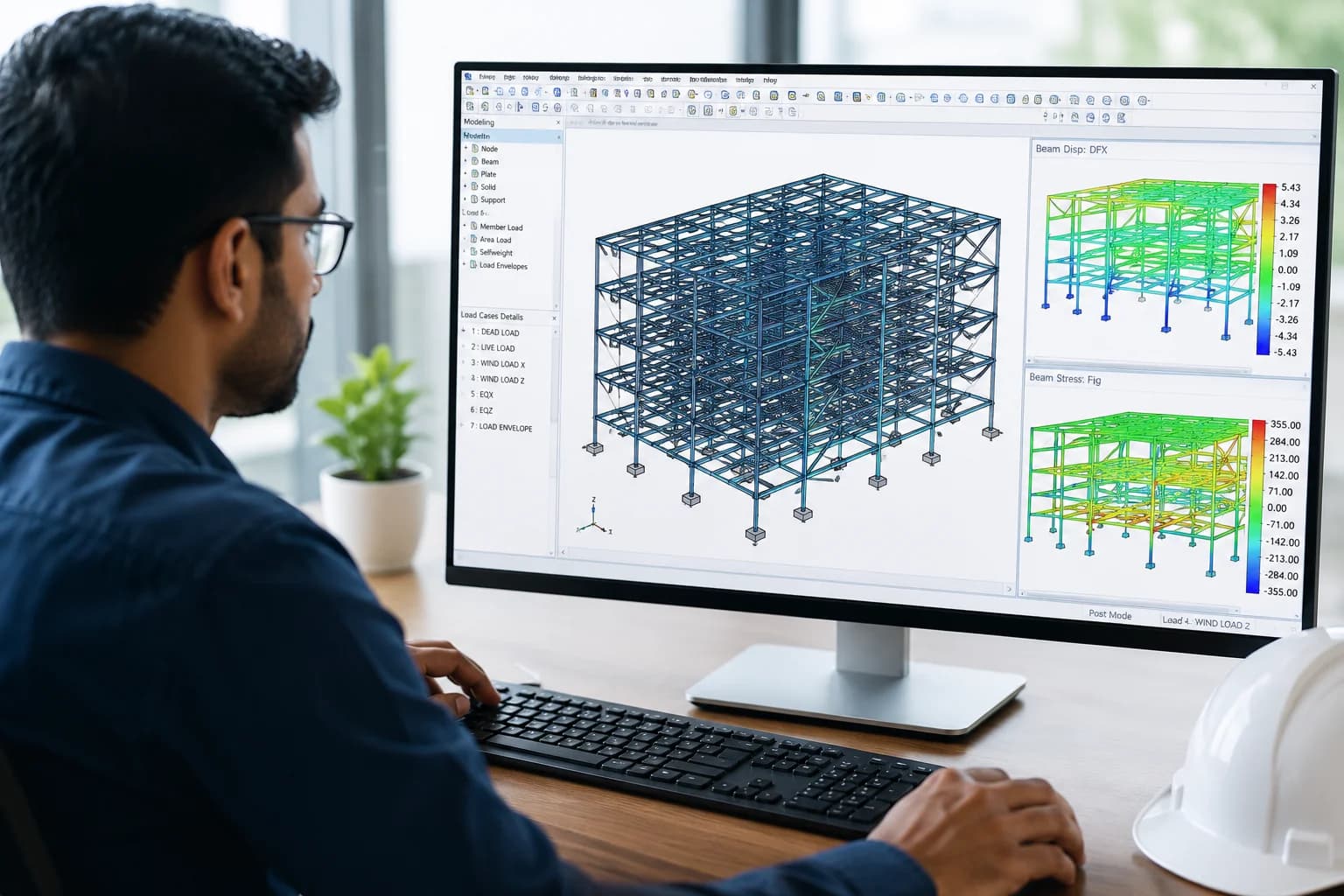 Civil engineer analyzing structural model in STAAD Pro.