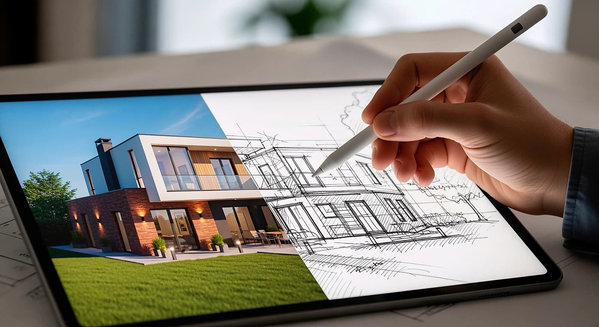 Architect working on architectural design on tablet.