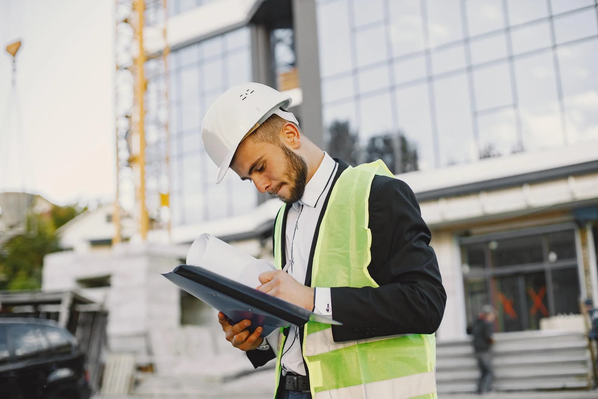Civil engineers analysing a building project.