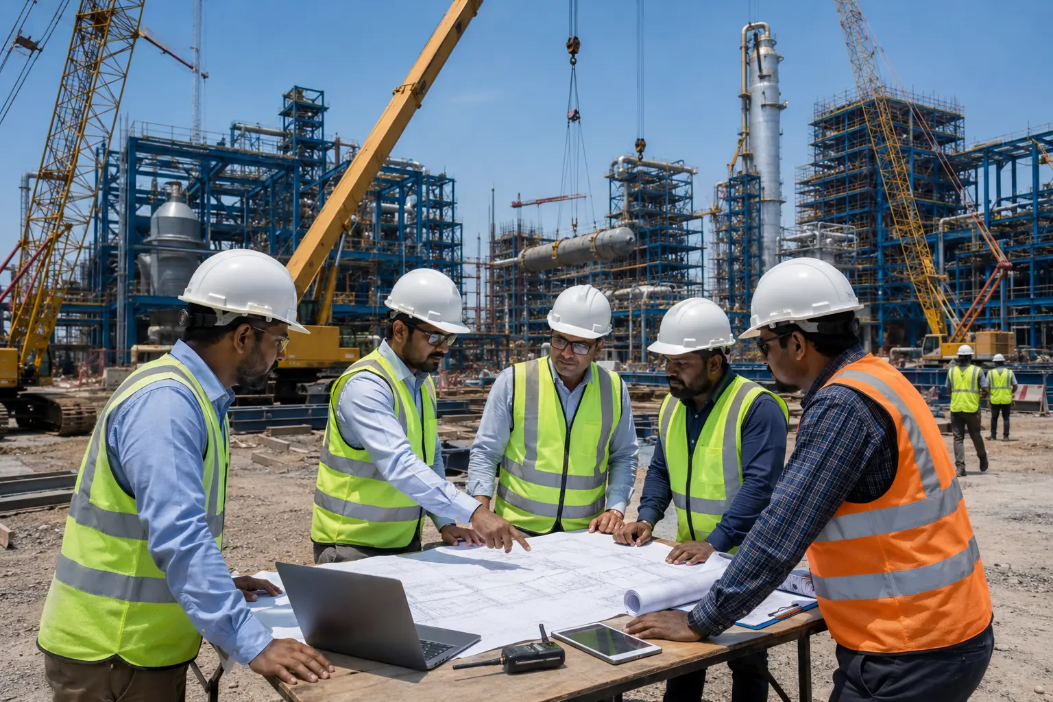 Civil engineers coordinating infrastructure and industrial construction projects