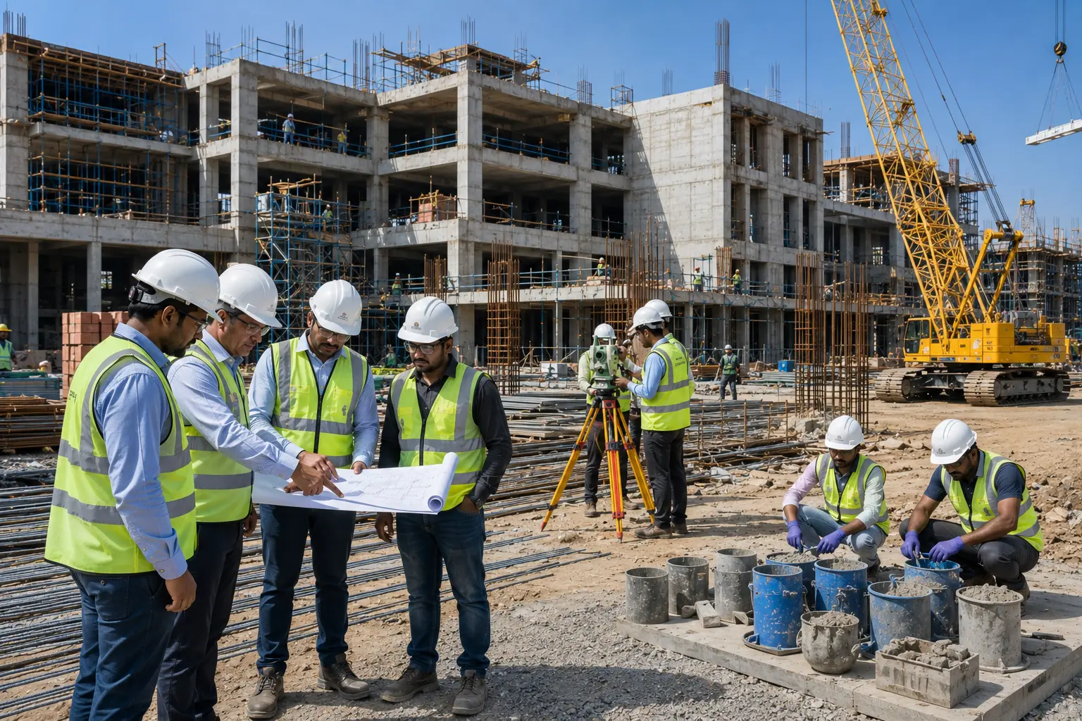 Civil engineers supervising the construction of a modern public building.
